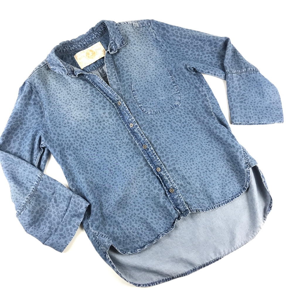 Bella Dahl Leopard Print Chambray Denim Shirt S